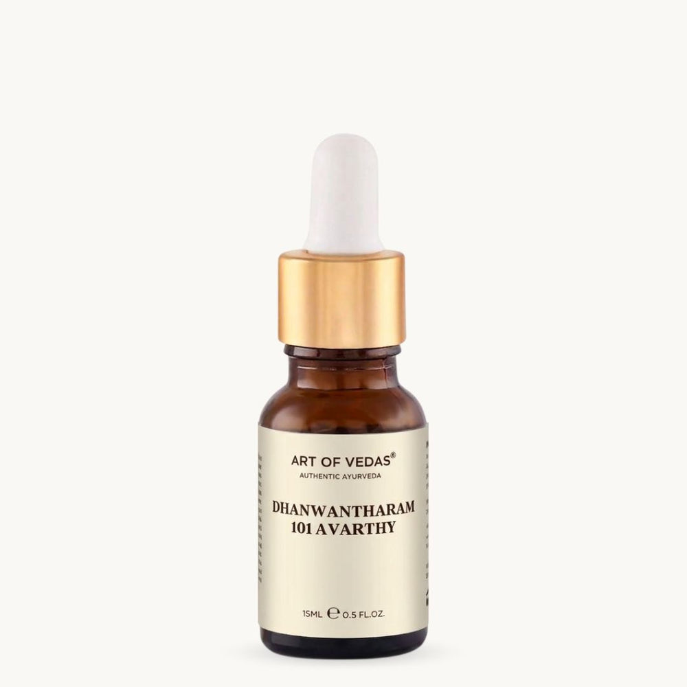 Art of Vedas Dhanwantharam 101 Avarthy 15 ml, classical Ayurvedic Thailam in the 101 Avarthy preparation, traditionally used in Abhyanga