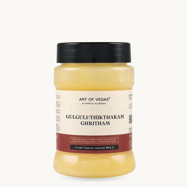 Art of Vedas Gulgulu Thikthakam Ghritham, classical Ayurvedic ghee: Guggulu, turmeric, ginger. 150 g glass jar